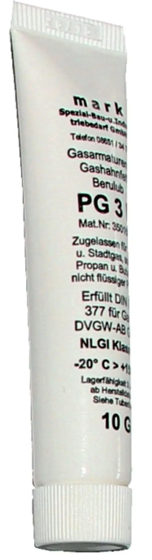 Weiße Tube mit einer grauen Kappe, beschriftet mit technischen Informationen, die auf die Verwendung als Schmiermittel hinweisen. Marke Wolf. Inhalt 10 g.